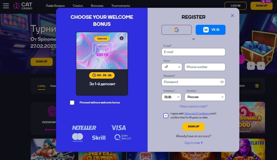 Процесс регистрации в Cat Casino